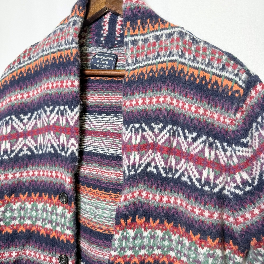 Abercrombie & Fitch Women L Fair Isle Merino Wool Blend Shawl Collar Cardigan